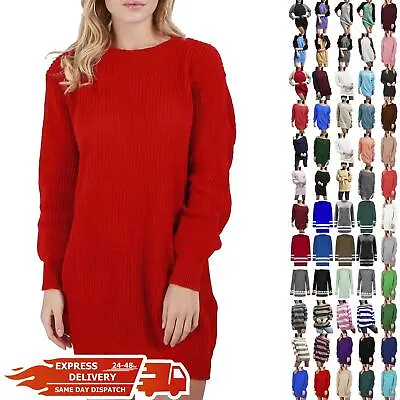 Womens Ladies Chunky Knitted Long Sweater Oversized Jumper Dress Long Sleeve Top • £7.99