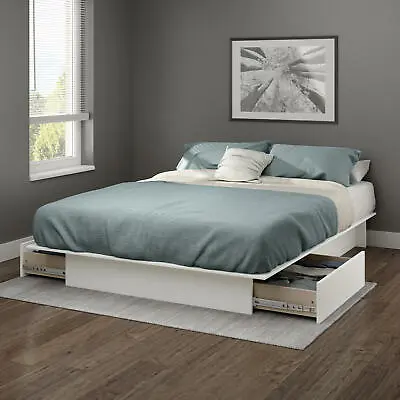 $317.90 • Buy Full Queen King Size White Wooden Platform Bed Frame 2 Under Bed Storage Drawers
