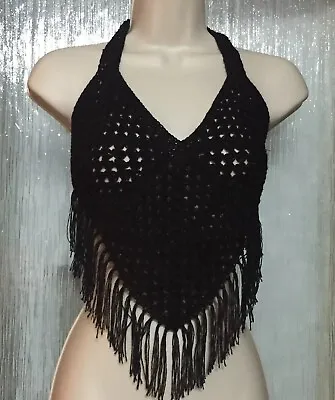 £10 • Buy ❤️Handmade Black Crochet Halter Neck Fringe Crop Top. Size 6/8 Festival Gypsy