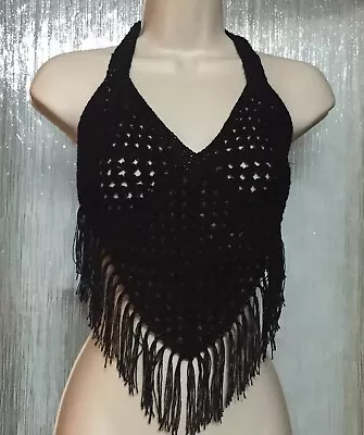 £10 • Buy ❤️Handmade Black Crochet Halter Neck Fringe Crop Top. Size 6/8 Festival Gypsy