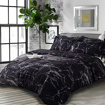 Nanko 7PC Queen Comforter Set With Sheets Dark Black Marble Print 88 X 90 Inc... • £84.02