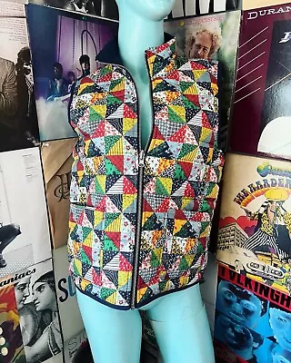 🔥VINTAGE WOMEN’S 1970s PATCHWORK BOHO PUFFER COAT SKI JACKET VEST REVERSIBLE L • $28