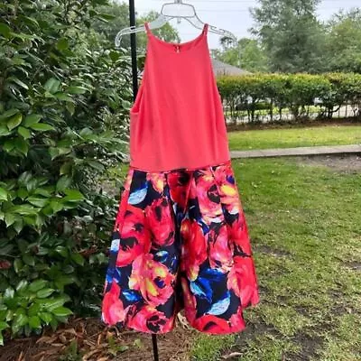 ADRIANNA PAPPELL 6 Dress Size Coral Floral Pleated Makedo Fit & Flare Medium • $16.99