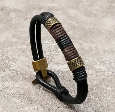 Surfer Real Leather Bracelet Mens Surf Wristband Braided Rope Bronze Buckle • £6.89