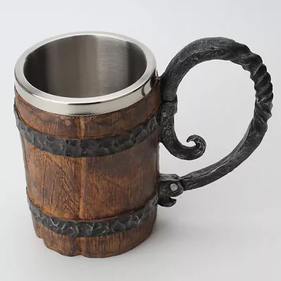 Viking Style Simulation Wooden Beer Mug Double Wall Stein Drink Coffee Cup Gift • $37.89