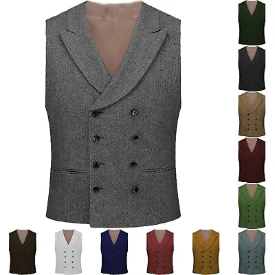 Mens Formal Waistcoat Double-Breasted Herringbone Vest Vintage For Wedding S-3XL • $32.98