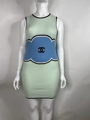 Vtg Chanel 2009 Mint Green Cc Logo Cashmere Mini Dress Fr42 • $900