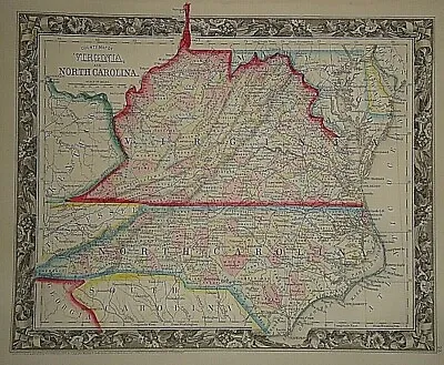 Old Antique 1860 Mitchell Atlas Map~ Pre-War VIRGINIA - NORTH CAROLINA #002 • $45.95