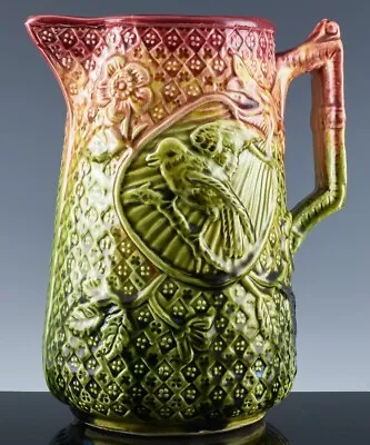 Great Antique Victorian Birds & Fan Red Green Majolica Water Pitcher Jug Vase • $9.50