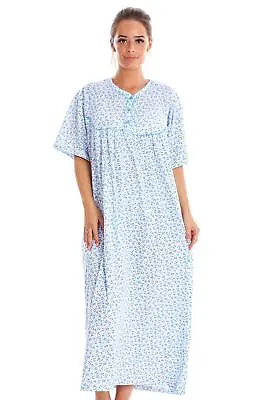 Women Cotton Long Nightdress Floral Button Short Sleeve Crew Neck Nightwear • £9.95
