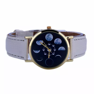 Ladies Fashion Gold Case Quartz Black Face Moon Phase White Band Wristwatch. • $17.81