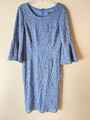 Mikarose Dress M/L Blue Lace Stretch Modest Sheath Bell Sleeves Pencil  • $19.88