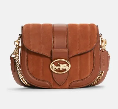 $275 • Buy 💝NWT $450 COACH Georgie Saddle Bag With Linear Quilting REDWOOD BROWN Suede 