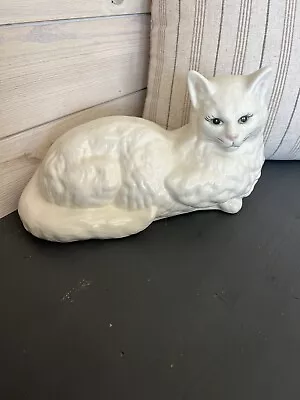 Vintage Large Ceramic Cat  Statue Figurine White Persian Cat Green Eyes MCM • $45.13