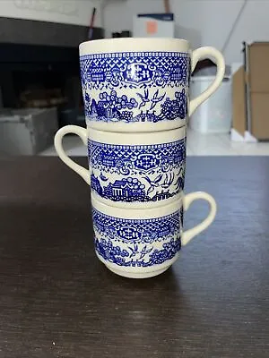 3 Vintage Blue Willow Restaurant Ware Ceramic Coffee Stacking  Mugs USA • $25