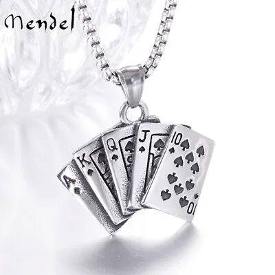 MENDEL Mens Hip Hop Good Luck Poker Card Spade Pendant Necklace Stainless Steel • $11.99