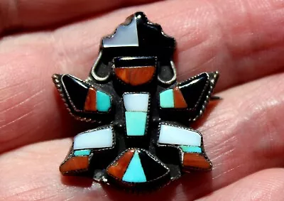 Small Old Pawn Zuni Sterling Silver Turquoise Coral & Shell Inlaid KNIFEWING Pin • $55