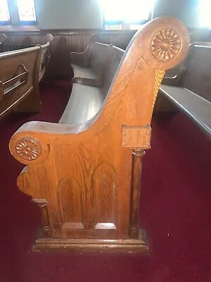 C1855 ORNATE 14'5  GOTHIC ARCHITECTURAL SALVAGE CURVED OAK CHURCH PEWS BENCHES • $1100
