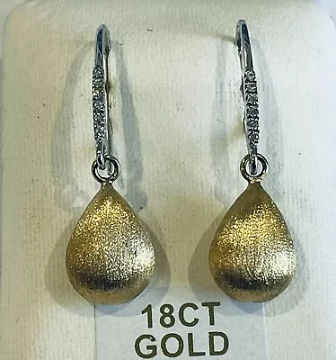 18ct Gold Drop Earrings Teardrop CZ 2-Colour Hook Wire Fittings 750 UK Hallmark • £260