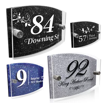 Modern Door House Number Plaque Personalised Glass Effect Acrylic Glitter Sign • £8.99