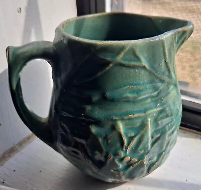 Vintage McCoy 4 3/4  Medium Green Art Pottery Water Lily Lotus Pitcher BEAUTIFUL • $20