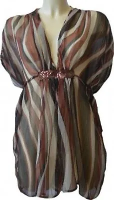 £5.99 • Buy Ladies Striped Brown Sheer Chiffon Beach Top Tunic Summer Cover Up Kaftan Dress 
