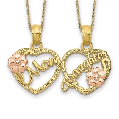 Solid 10K Yellow Gold Two Tone Mom Daughter Break Apart Heart Necklace 18 Inch • $132.50