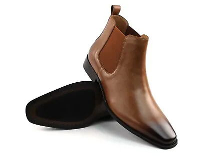 Genuine Leather Cognac Mens Dress Chelsea Boots Almond Toe Leather Lining AZAR • $59