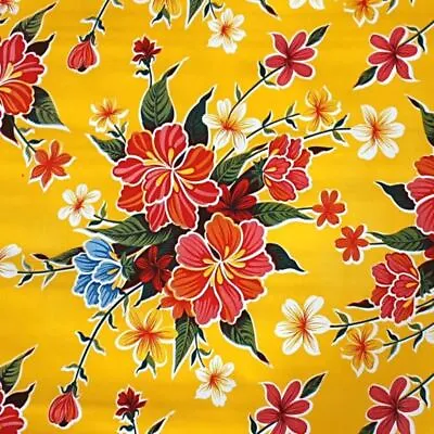 Mexican Oilcloth Fabric Yellow Hibiscus Flowers • $19.49