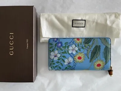 Gucci Nymphae Azure Shanghai Blue Large Floral Continental Zip Around Wallet NEW • $999