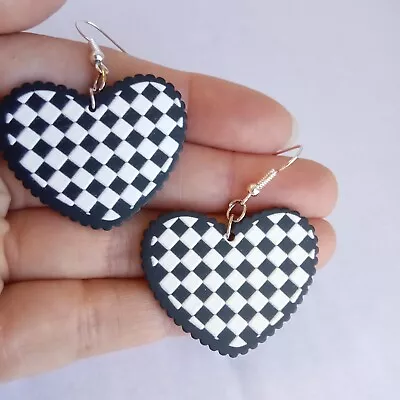 MOD Earrings Geometric HEART Checker Board 60s 70s Black/white Groovy Costume  • £4.45