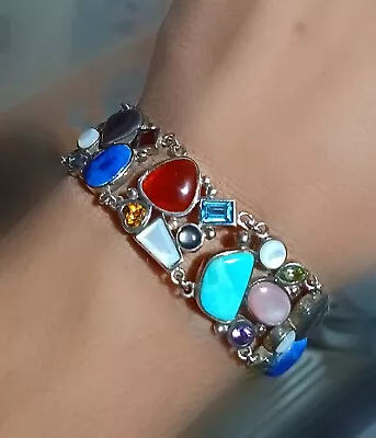 925 LT Multi Gemstone Sterling Silver Bracelet Bangle 52 Grams Turquoise 8-8.2” • $89.99