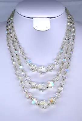 VINTAGE 3 Triple Strand Aurora Borealis Rainbow Crystal Necklace Fancy Clasp • £24.95