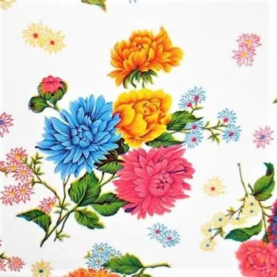 Mexican Oilcloth Fabric White Mum Flowers • $22.18