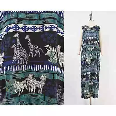 Vintage 90s Safari Animal Print Rayon Gauze Sleeveless Maxi Dress Size L • $48