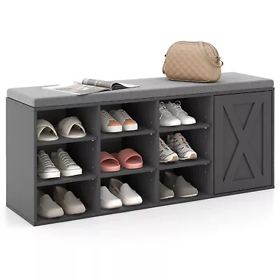 9-Rack Shoe Bench W/ Door Cabinet & 9 Racks & Sponge Padded Cushion Grey • $74.99