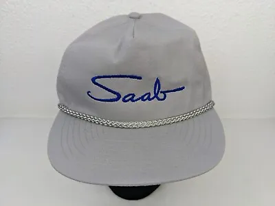 Vtg Saab Embroidered Script Spellout Logo Rope Hat Gray Nissin Cap 80s 90s YKK • $44.99