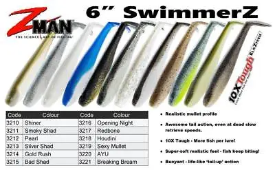 ZMan SwimmerZ 6  V2 Lures Soft Plastic BRAND NEW Free Post • $16.02