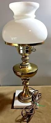 Vtg. Lamp Brass & Marble Base 20” Table Dresser Bedside - Milk Glass Shade • $65