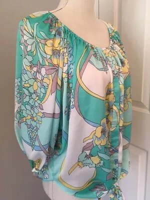 Jennifer Lopez~small~seafoam Green-yellow Floral Tie Front Button Up Peasant Top • $10