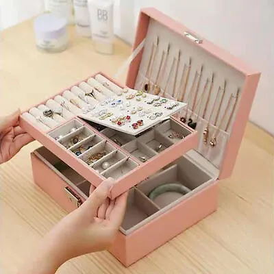 Jewelry Box 2-Layer Organizer Case Large Storage Necklace Ring Organizer Leather • $19