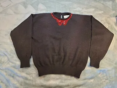 VTG 80s Christmas Sweater Sz L Black Acrylic Knit Red Beads Bow Shoulder Pads  • $25.50