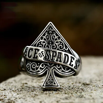 ACE OF SPADES Poker Card Ring Stainless Steel Men's Vintage Biker Lucky Ring • $11.98