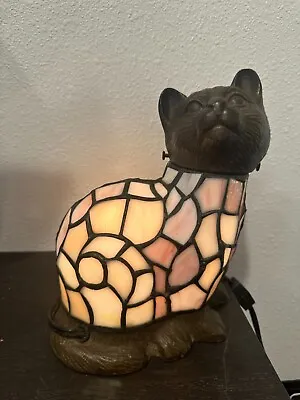 $79.99 • Buy Vintage Tiffany Style Stained Glass Metal Figural Cat  Lamp 8” Tall X 7” X 4”