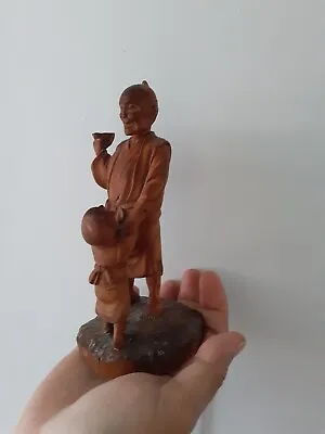 VINTAGE JAPANESE OKIMONO WOODEN CARVED FIGURE  FATHER & SON  FIGURINE~Signed  • £30