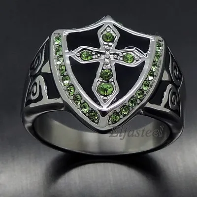 Exclusive Men's Green Cubic Zirconia Cross Shield 316L Stainless Steel Ring • $11.99