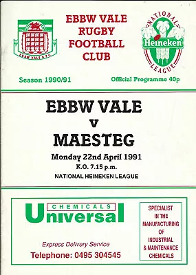 Ebbw Vale v Maesteg 22 Apr 1991 RUGBY PROGRAMME • £4.99