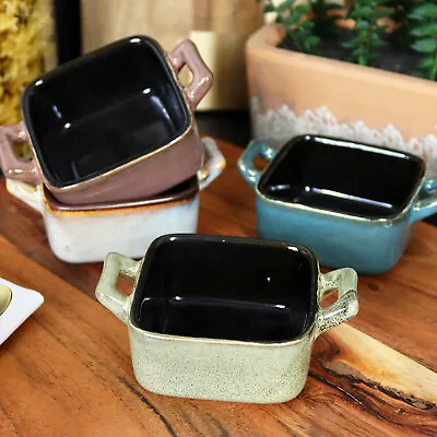 Reactive Glaze Square Ramekin Set Of 4 Ceramic Assorted Colours Mini Oven Dishes • £13