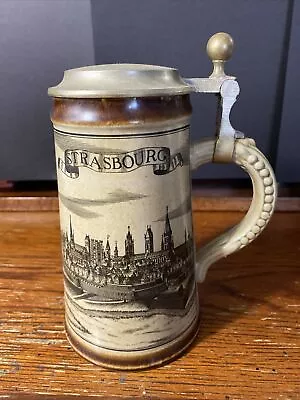 Vintage 1974  ~ Strasbourg ~ Beer Stein Mug W/ Pewter Lid ~ Germany  • $0.99