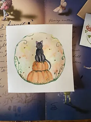 £4 • Buy Hand Painted Watercolour Autumn Fall Black Cat And Pumpkin Card 
